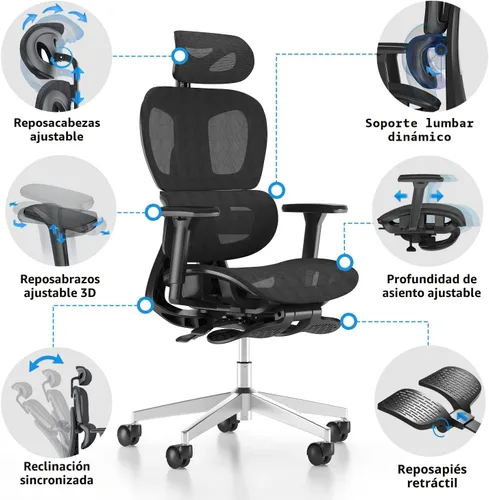 Miniatura 4 de PatioMage Silla de oficina de malla con reposapiés, silla giratoria ergonómica de escritorio de oficina con respaldo reposacabezas ajustable