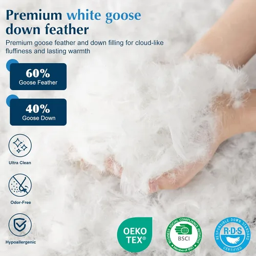 Miniatura 5 de LIANLAM Standard Size Goose Feather Down Pillow, 3-Chamber Design, 100% Cotton Shell, RDS & Oeko Certified for Side & Back Sleepers(1 Pack,20"x26")