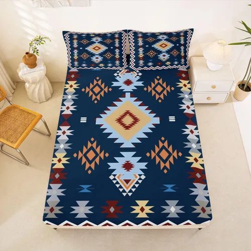 Miniatura 46 de Juego de ropa de cama occidental tamaño individual, sábanas aztecas, estilo nórdico exótico, bohemio, sábana bajera ajustable de tribu india