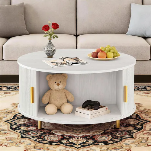 Miniatura 8 de DHH Mesa auxiliar redonda, mesa de centro moderna de mediados de siglo de 31.5 pulgadas con puerta corrediza de 360°, mesa de centro acanalada