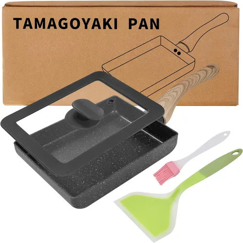 Sartén de tortilla japonesa,Sartén antiadherente para huevos Tamagoyaki,Sartén rectangular pequeña con tapa,Espátula de silicona y cepillo