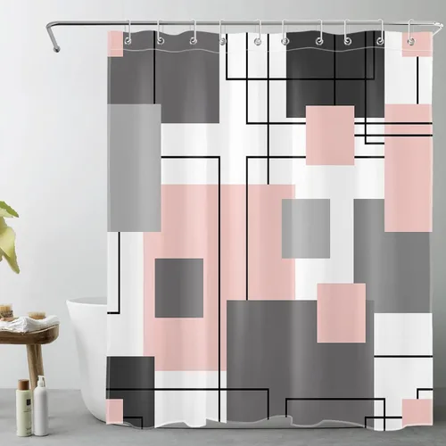 Miniatura 27 de LB Cortina de ducha geométrica a rayas grises y blancas, cortinas de ducha abstractas de mediados de siglo verde salvia para baño, 72 x 72 pulgadas