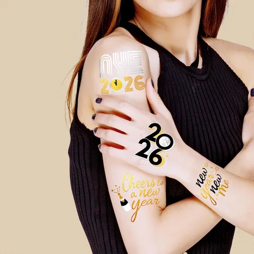Miniatura 4 de Suministros para fiestas de Año Nuevo 2026 – 40 diseños de tatuajes temporales con purpurina, tatuajes metálicos negros/dorados Decoraciones