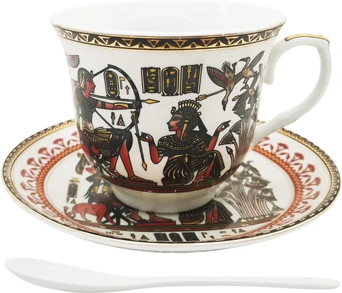 Miniatura 13 de Juego de tazas y platillos de café expreso de cerámica dorada egipcia, taza Demitasse de 3.4 oz/3.4 fl oz, regalo de porcelana para cumpleaños