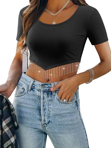 Dresswel Nashville - Blusa corta brillante de manga corta con flecos de diamantes de imitación para verano, blusa corta con borlas y purpurina para
