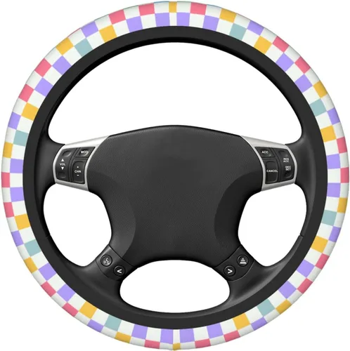Miniatura 5 de Funda de volante a cuadros para mujeres, funda universal para volante de automóvil de 14-15 pulgadas, accesorios interiores para automóvil, con 2