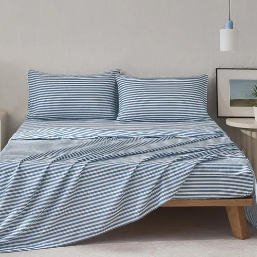 JELLYMONI Juego de sábanas 100% algodón – Rayas azules y blancas polvorientas, tamaño individual, ropa de cama suave con sábana bajera de bolsillo