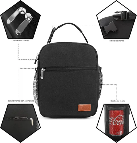 Miniatura 5 de Femuar Bolsa de almuerzo para hombres, mujeres y adultos, pequeña para oficina, trabajo, picnic, bolsa de almuerzo portátil reutilizable, color negro