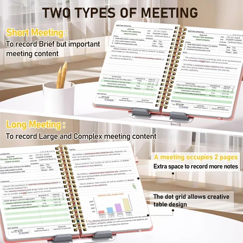 Miniatura 2 de WEMATE Cuaderno de reuniones para el trabajo B5 (7"x10") - Cuaderno de trabajo de cuero PU con agenda, elementos de acción y notas - 200 páginas Oro