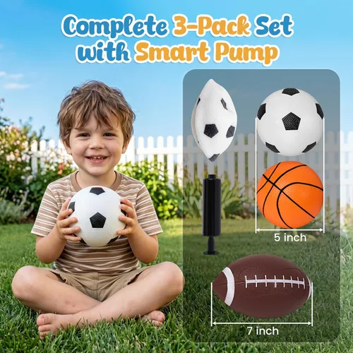 Miniatura 2 de Shindel Paquete de 3 pelotas deportivas, pelota de fútbol de 5 pulgadas, baloncesto y balones de fútbol americano de 7 pulgadas para niños