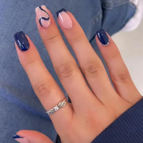 Miniatura 12 de Uñas postizas cuadradas cortas a presión, uñas postizas de color rosa, de cobertura completa, uñas postizas con purpurina plateada con diseños