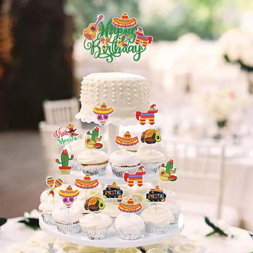 Miniatura 6 de Paquete de 41 decoraciones para tartas de cumpleaños con guitarra, cactus y burro, palillos de pimienta para fiesta mexicana, temática de baby