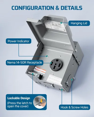 Miniatura 7 de DEWENWILS Caja de toma de corriente de 50 amperios RV, 125V/250V NEMA 14-50R, salida RV cerrada y con candado, resistente a la intemperie, salida