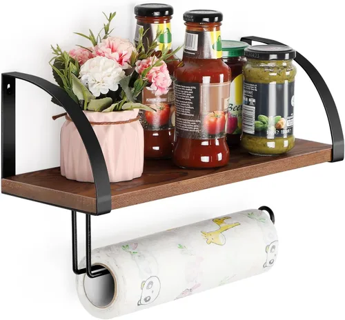 Miniatura 9 de BTY Soporte para toallas de papel con estante, soporte vintage de granja montado en la pared para toallas de papel debajo del gabinete, estante
