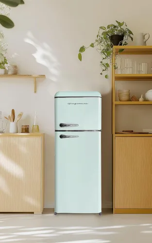 Miniatura 2 de Frigidaire, Refrigerador RETRO de 2 puertas tamaño apartamento con congelador superior, asas cromadas, 7.5 pies cúbicos, VERDE