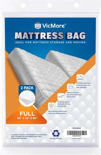 VICMORE Paquete de 2 bolsas de colchón de tamaño matrimonial para mudanza, almacenamiento y eliminación, bolsas de plástico transparente de 0.06