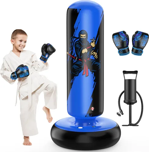 Miniatura 10 de QPAU - Saco de Boxeo para Niños, Bolsa de Boxeo Inflable Estable de 66 Pulgadas con Guantes de Boxeo, Soporte, Juguetes de Boxeo para Niños de 6 a