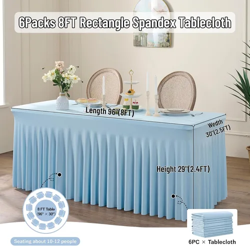 Miniatura 6 de Outpain Paquete de 6 Manteles Rectangulares de Mezcla de Spandex y Poliéster de 8 Pies x 8 Pies Color Azul Bebé para Mesas Plegables Estándar
