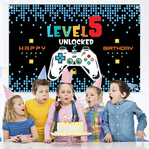 Miniatura 6 de HAMIGAR Telón de fondo Baner de Feliz 5º cumpleaños de 6 x 4 pies - Decoración de cumpleaños desbloqueada nivel 5 suministros de fiesta para niños
