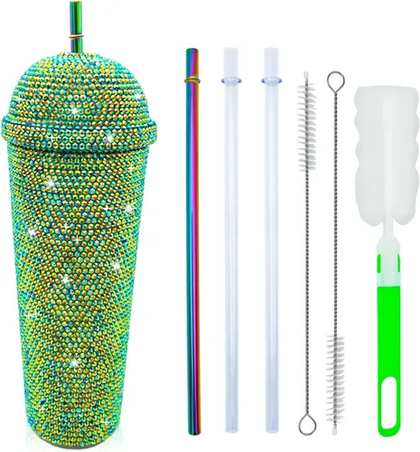Miniatura 4 de Vaso de 24 onzas con diamantes de imitación hechos a mano con tachuelas, botella de agua reutilizable de plástico con doble pared con tapa y pajitas