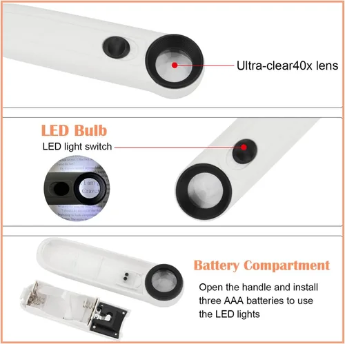 Miniatura 3 de Rongon Lupa de mano 40X de alta potencia de mano iluminada lupa joyero ojo joyería lupa caso de cuero para leer mapas joyería reloj herramienta