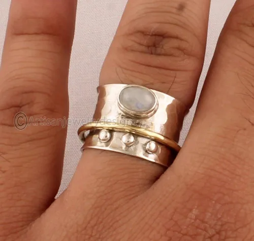 Miniatura 3 de Rainbow Moonstone Silver Ring, Statement Silver Ring Handmade Spinner Ring, Fidget Spinner Ring, Spinner Ring Women, Simple Elegant Silver Ring