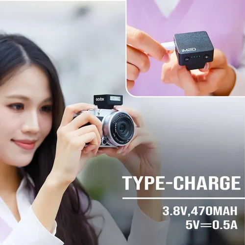 Miniatura 5 de Godox Flash de cámara iM20, carga USB C, 5 niveles, batería incorporada de 470 mAh, flash GN10/440 de potencia completa/3s tiempos