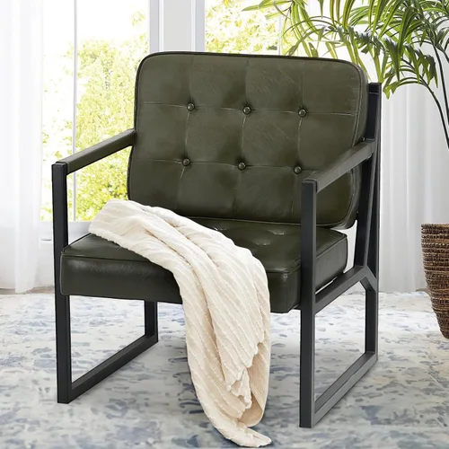 Miniatura 9 de COLAMY Silla decorativa moderna, sillón con brazo decorativo para sala de estar, cómodo sillón de cuero con patas de metal para dormitorio, Azul