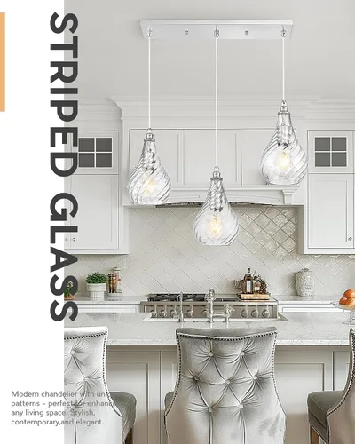 Miniatura 3 de TENGXIN Lámpara colgante de 3 luces para islas de cocina, níquel cepillado de 6 pulgadas con vidrio a rayas, estilo granja, ideal para comedores
