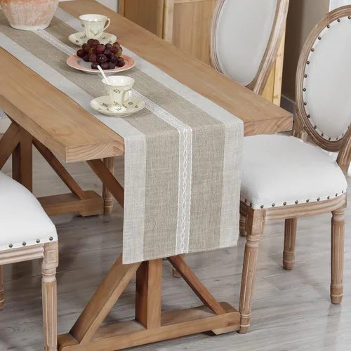 Camino de mesa trenzado y a rayas de estilo granja con bordado rústico para decoración de café, bodas, festividades, color marrón, 13x48 pulgadas