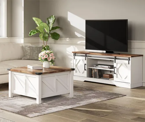Miniatura 3 de WAMPAT Moderno soporte de TV de granja para televisores de hasta 65 pulgadas con puertas corredizas de granero, centro de entretenimiento de madera