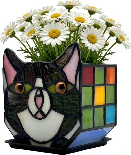 Macetas Tiffany Lindas con Gatos de Vidrio Manchado, Para Plantas de Interior y Exterior, Maceta de Plantas con Gato Negro, Portavelas Contenedor de