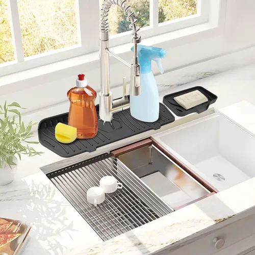 Miniatura 8 de Protector contra salpicaduras para fregadero de cocina y bandeja de jabón, tapete protector de silicona para grifo, soporte de esponja con boquilla