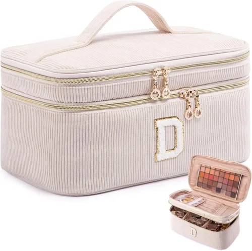 AMOIGEE Organizador de Bolsa de Maquillaje con Inicial, Neceser Personalizado de Doble Capa, Bolsa de Aseo de Viaje para Brochas de Maquillaje para