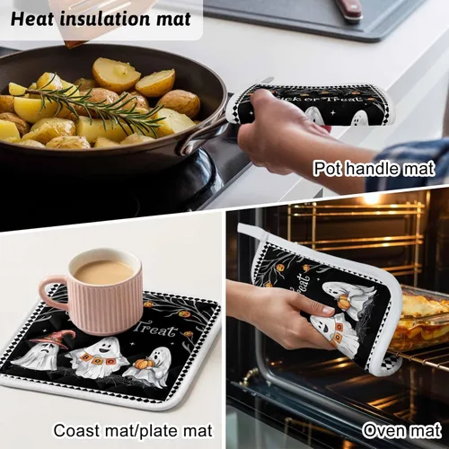 Miniatura 8 de Juego de 2 soportes para ollas de Halloween para cocina, platos de sartén para horno, tapete a prueba de calor con lazo para colgar, agarraderas