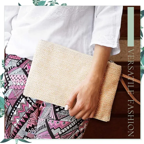 Miniatura 6 de Bolsa de mano de paja para mujer, 6 piezas, estilo bohemio, para verano, playa, bolso de paja tejido hawaiano, bolsos de paja para mujer, bolsos