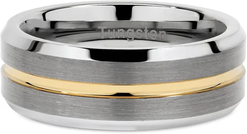 Miniatura 5 de 100S Jewelry Anillos de boda de tungsteno para hombres, de dos tonos plateados, con acabado mate ranurado dorado, talla 6 a 16