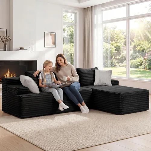 Miniatura 3 de Seccional modular: asiento de nube en forma de L con espuma viscoelástica, muebles de sala de estar convertibles de 3 asientos, diván de gran Negro