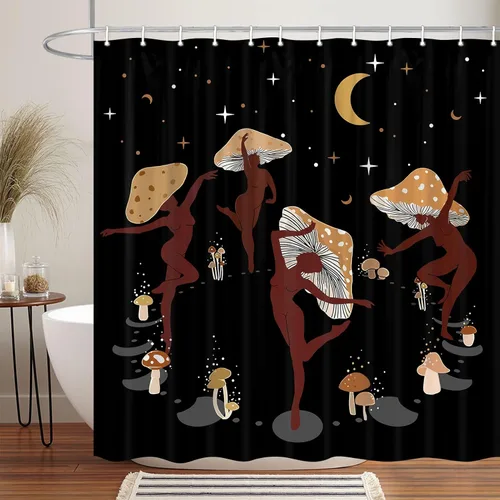 Miniatura 12 de Divertida cortina de ducha de hongos, divertida y sexy, cortina de ducha con trasero de hongo, hippie blanco y negro, impermeable, cortina de baño
