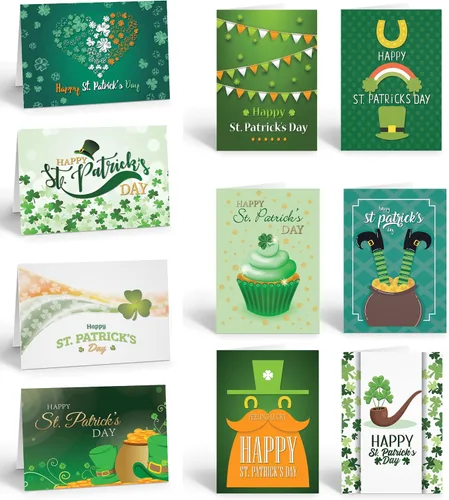 Stonehouse Collection Surtido de tarjetas de felicitación del día de San Patricio, tarjetas irlandesas de la suerte, trébol, duende, decoraciones