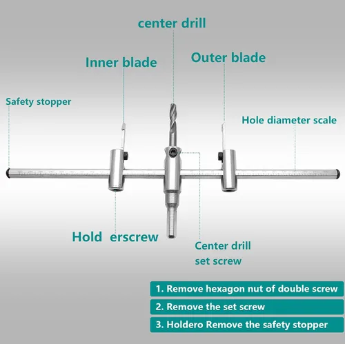 Miniatura 2 de Sierra de agujeros ajustable, de 1-3/16" a 11-3/4" (30 a 300mm) Herramienta de broca de sierra circular ajustable de servicio pesado para paneles