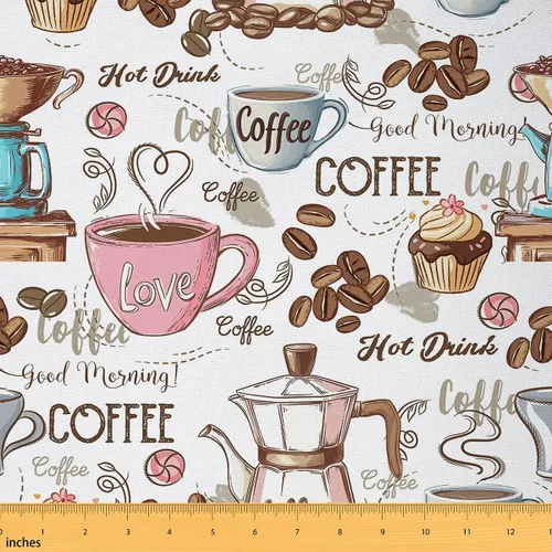 Feelyou Tela Coffee Time por Yarda, Tapicería con Diseño de Cupcakes y Granos, Tela Decorativa de Máquina de Espresso Vintage para Proyectos DIY del