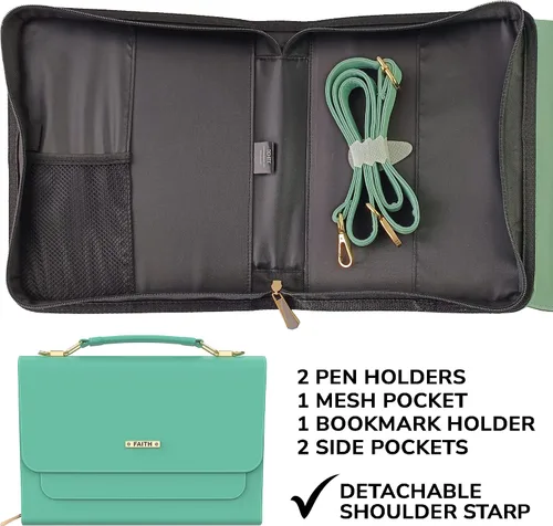 Miniatura 17 de DEHITE Funda para la Biblia para mujer, bolsa de transporte para la Biblia, ranuras para bolígrafos, bolsillo con cremallera, correa para el hombro