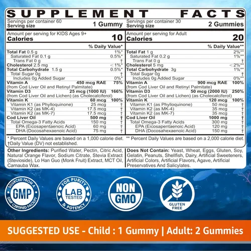 Miniatura 2 de Gomitas de aceite de hígado de bacalao de 1000 mg para niños y adultos, con Omega 3 (EPA y DHA), vitaminas A, D3 y K2, aceite de hígado de bacalao