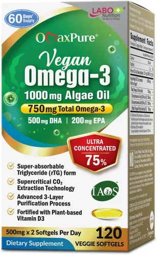 LABO Nutrition OmaxPure - Aceite de algas veganas Omega-3 de 750 mg, suplemento de omega-3 EPA y DHA a base de plantas para la salud del corazón, el