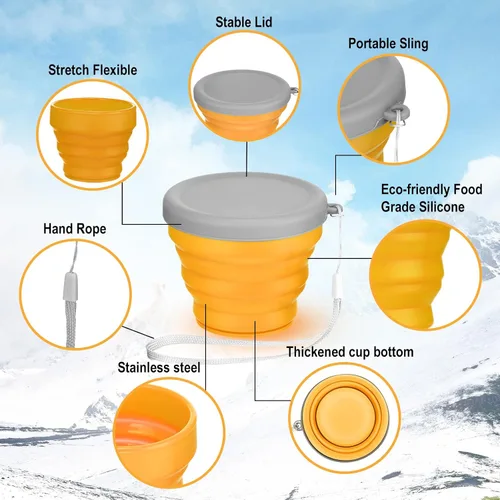 Miniatura 4 de Umigy 9 unidades de 6.8 onzas / 6.8 fl oz de silicona plegable taza con tapa, botellas de agua plegables reutilizables, pequeñas tazas de viaje