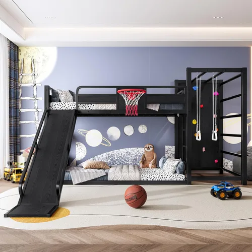 Bellemave Litera de tamaño individual con aro de baloncesto, anillos de dominadas y pared de escalada, litera individual con tobogán y estantería,