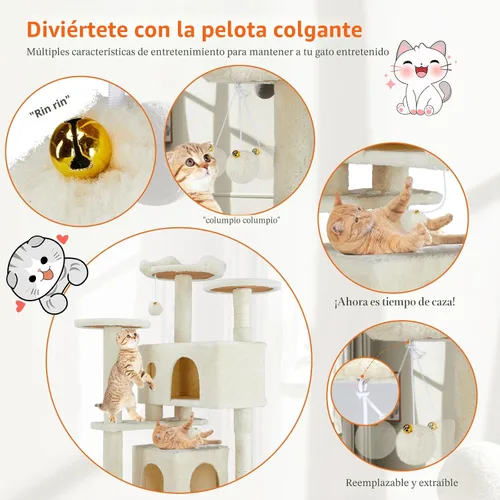 Miniatura 2 de Sweetcrispy Torre de árbol para gatos de 54 pulgadas, torre de varios niveles con poste rascador para gatos, condominio interior para gatos con Gris