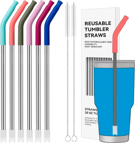 Miniatura 12 de Pajitas de Metal Rectas de 40 oz para Vaso Stanley de 40 oz, 6 Piezas Pajitas de Metal Reutilizables de Acero Inoxidable para Beber con Puntas de 2