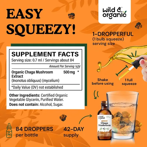Miniatura 3 de Wild & Organic Tintura de hongos Chaga - Apoyo inmunológico con extracto líquido de hongo Chaga - Suplemento de gotas de inmunidad - Vegano, sin